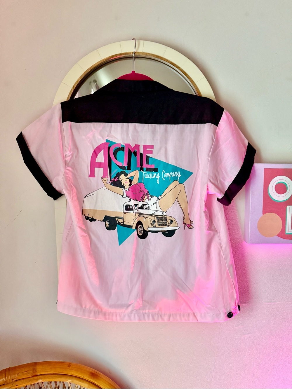 Vintage 90s Acme Trucking Pinup Crop Top, Pink & Black Bowling Shirt, Small